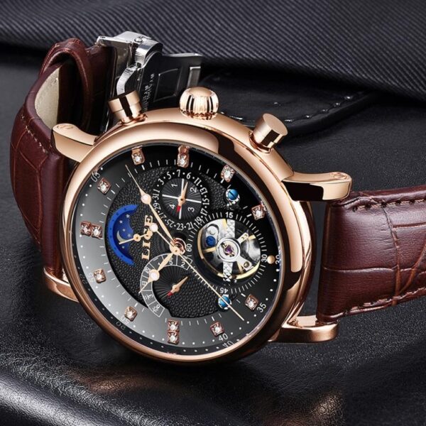Lige Watch With Leather And Automatic Mechanical System