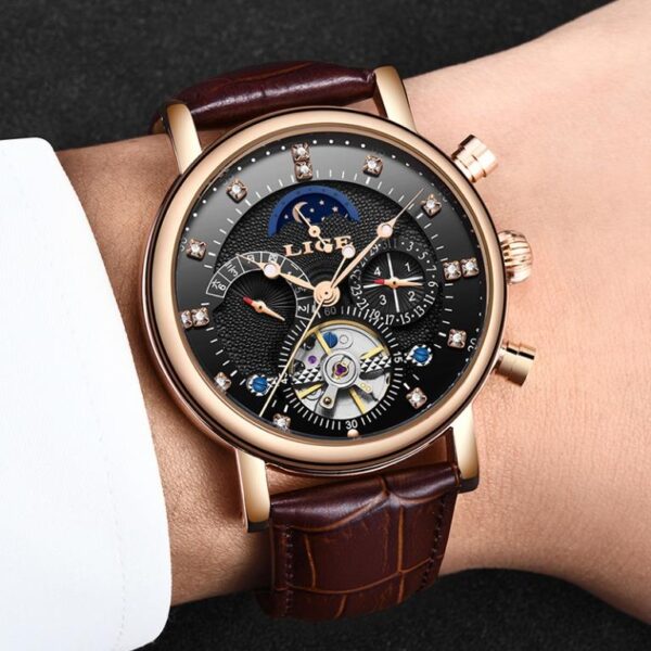 LIGE Watch with Leather and Automatic Mechanical system